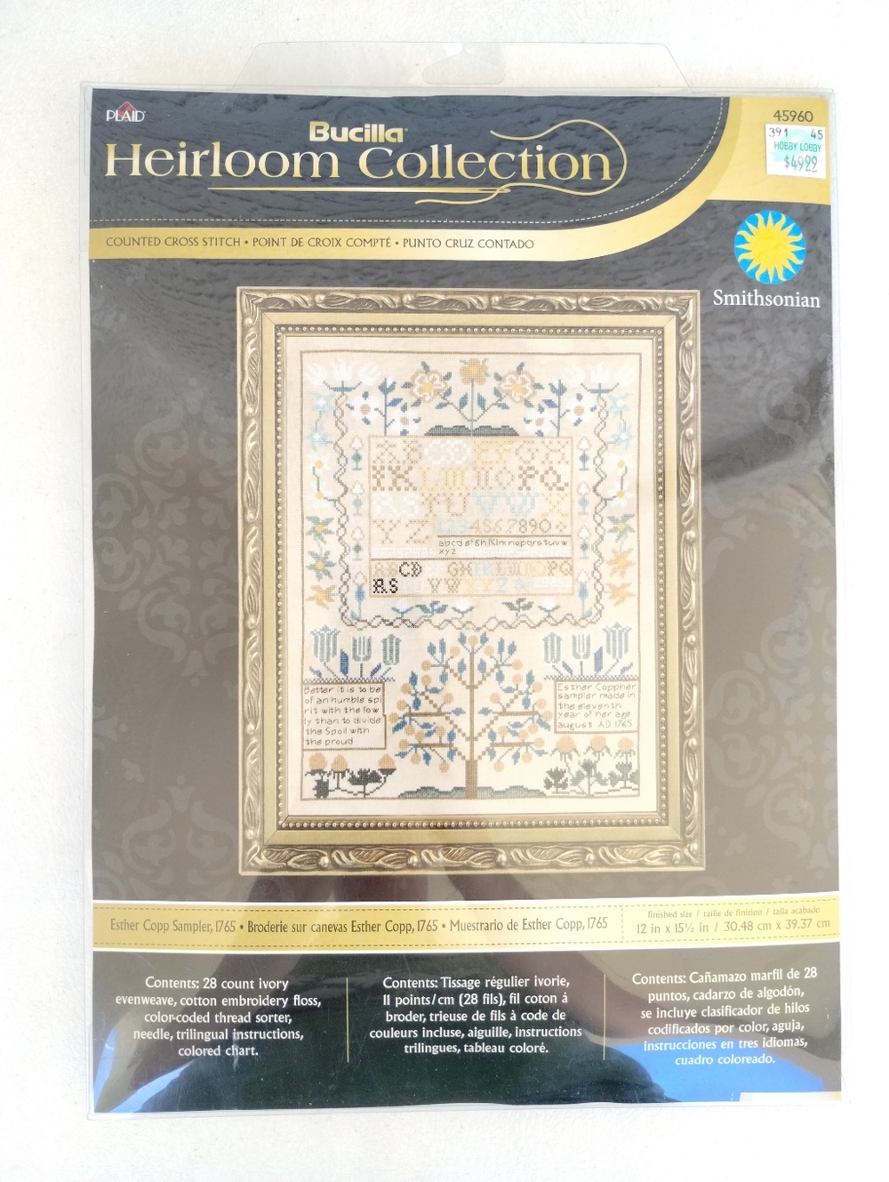 Bucilla Heirloom Cross Stitch Kit Esther Copp 1765 Sampler Smithsonian NewSealed